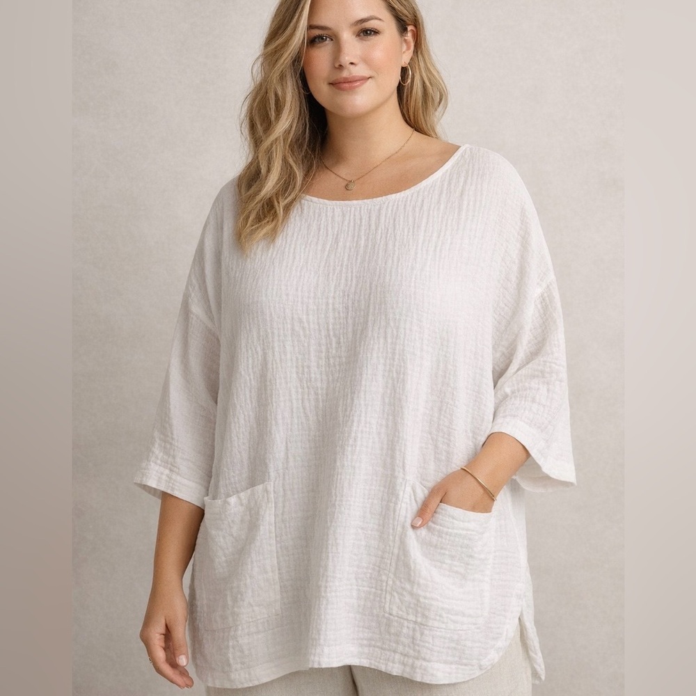 Jones & Co Womens White Cotton Waffle Tunic Top 1X Pockets 3/4 Sleeve Beach